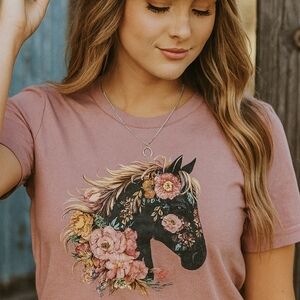 Floral Horse Tee • Boho Western Cowgirl Shirt • Mauve Equestrian Graphic Top